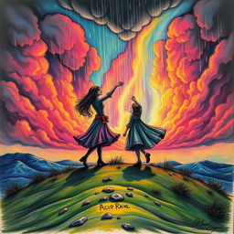 A captivating drawing of two people dancing gracefully on a distant hill, surrounded by a dramatic sky that appears to be tumbling down in vibrant colors reminiscent of an acid rain theme