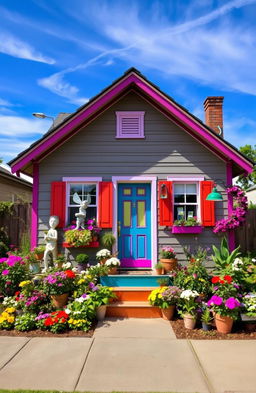 A charming small house with a unique, colorful exterior that reflects a vibrant personality
