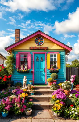 A charming small house with a unique, colorful exterior that reflects a vibrant personality