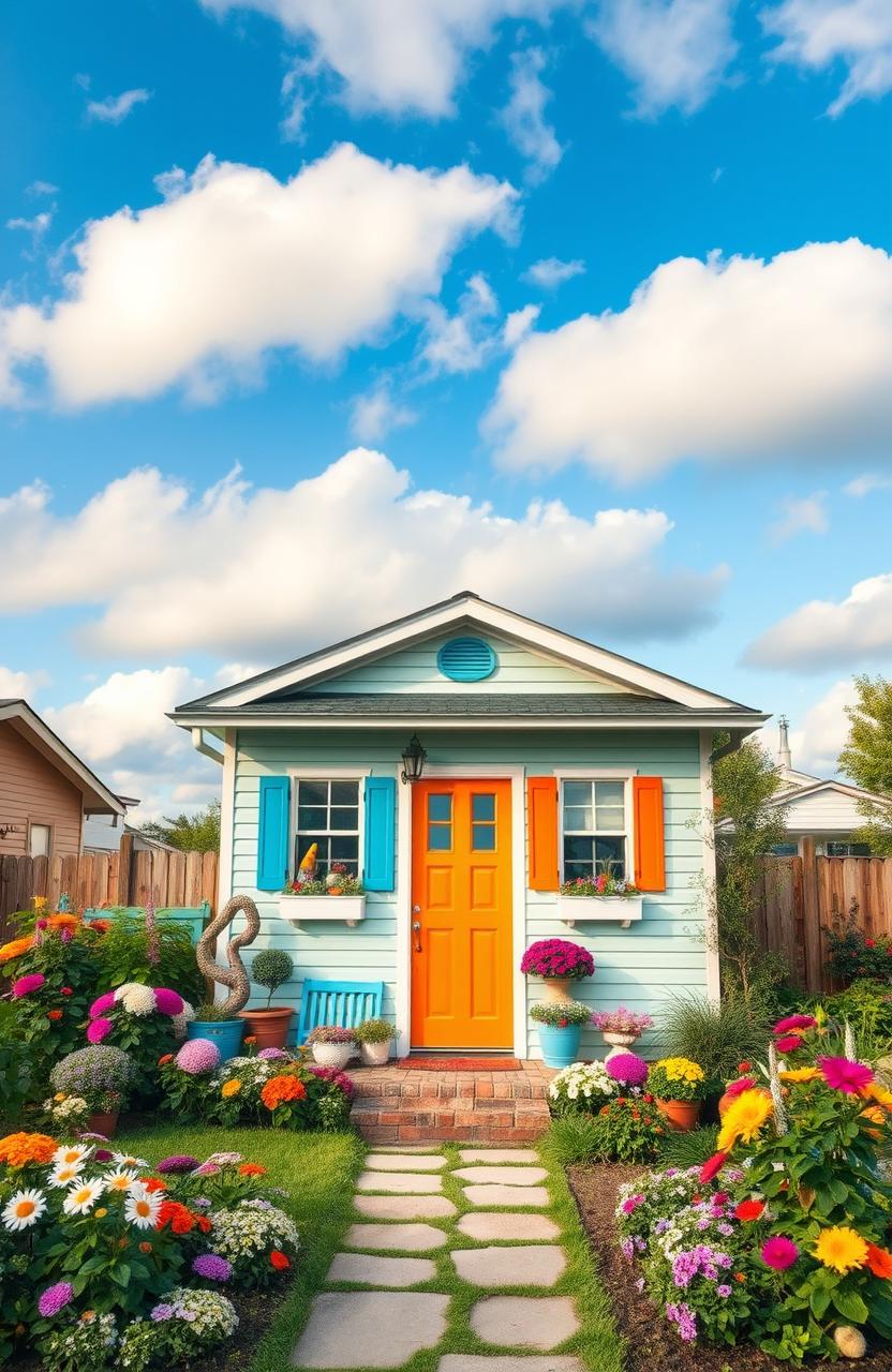 A charming small house with a unique, colorful exterior that reflects a vibrant personality