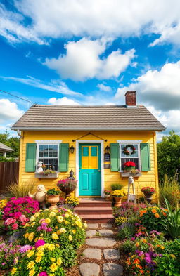 A charming small house with a unique, colorful exterior that reflects a vibrant personality