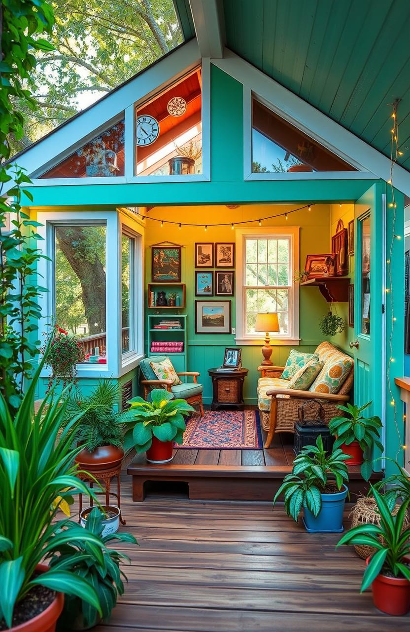 A charming tiny home filled with character and personality, showcasing a warm and inviting interior design
