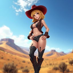 A 3D anime-style illustration of a sexy young adult blonde cowgirl with medium length hair, wearing dark short boots and a dark red cowgirl hat