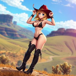 A 3D anime-style illustration of a sexy young adult blonde cowgirl with medium length hair, wearing dark short boots and a dark red cowgirl hat