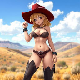 A 3D anime-style illustration of a sexy young adult blonde cowgirl with medium length hair, wearing dark short boots and a dark red cowgirl hat