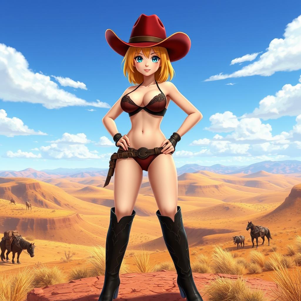 A 3D anime-style illustration of a sexy young adult blonde cowgirl with medium length hair, wearing dark short boots and a dark red cowgirl hat