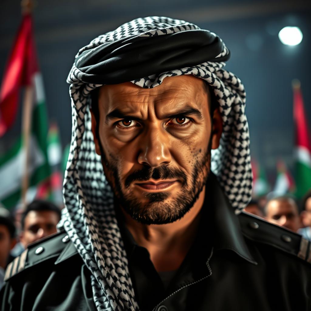 A powerful portrait of a modern Middle Eastern leader, capturing the intensity and resolve in his eyes