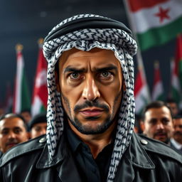 A powerful portrait of a modern Middle Eastern leader, capturing the intensity and resolve in his eyes