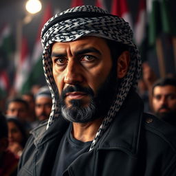 A powerful portrait of a modern Middle Eastern leader, capturing the intensity and resolve in his eyes