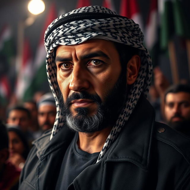 A powerful portrait of a modern Middle Eastern leader, capturing the intensity and resolve in his eyes