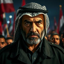 A powerful portrait of a modern Middle Eastern leader, capturing the intensity and resolve in his eyes