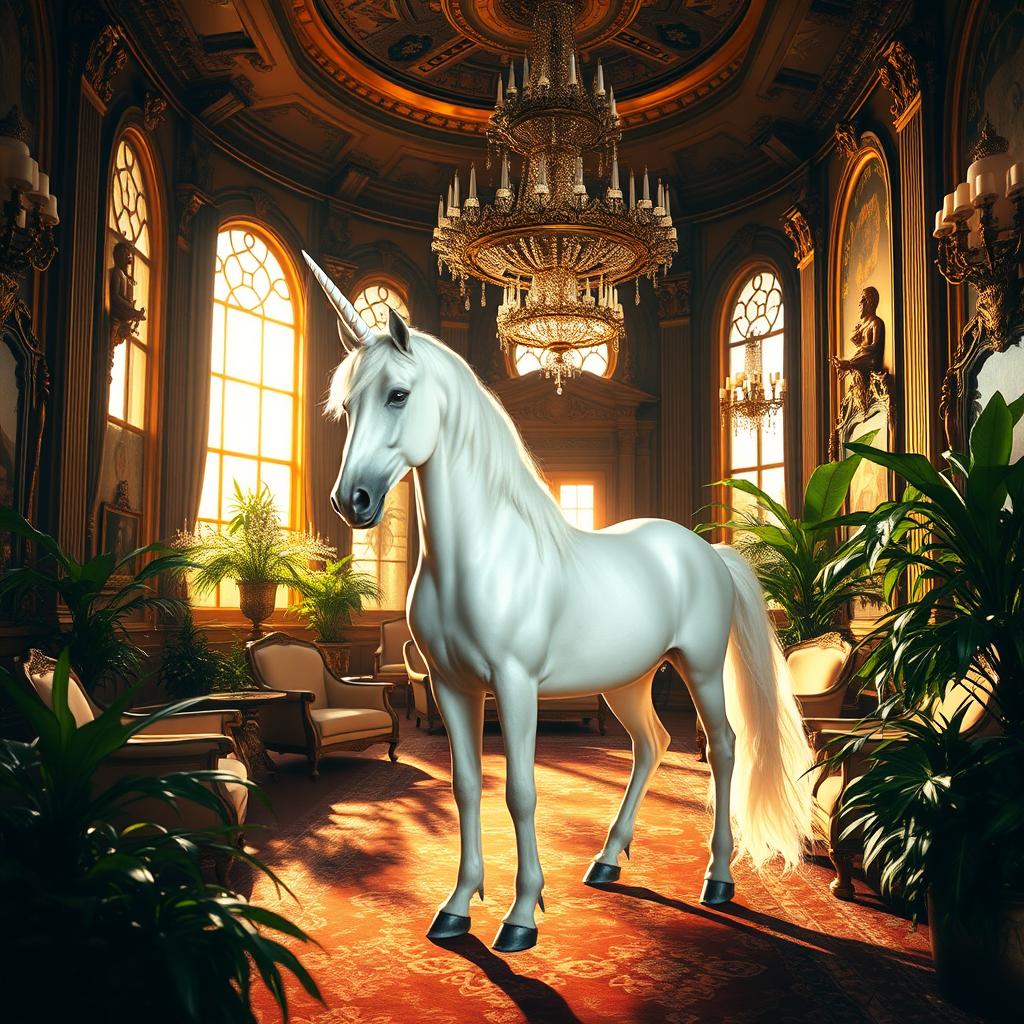 A majestic unicorn standing in an opulent mansion, with lavish decor, tall ceilings, and grand chandeliers
