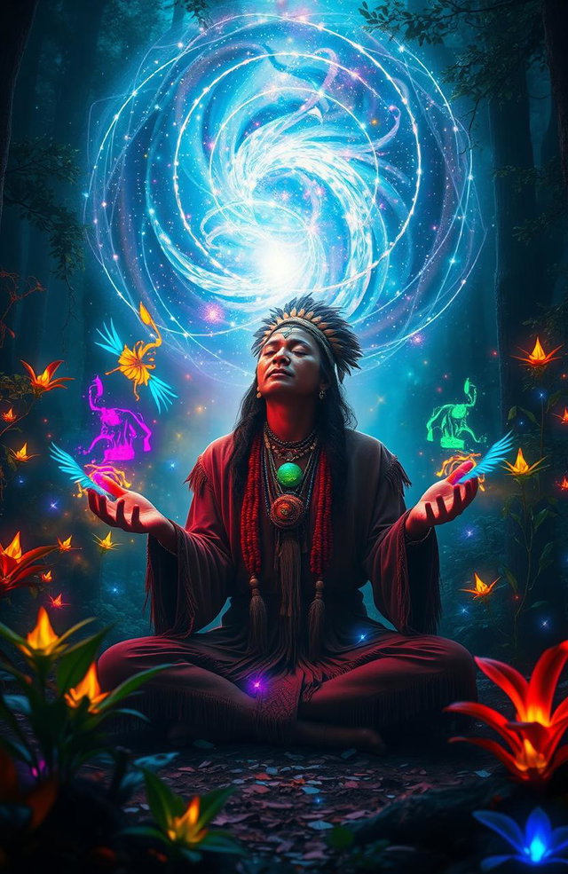 A mystical scene depicting a shaman performing a ritual in a serene forest, surrounded by vibrant, glowing plants and ethereal light
