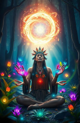 A mystical scene depicting a shaman performing a ritual in a serene forest, surrounded by vibrant, glowing plants and ethereal light