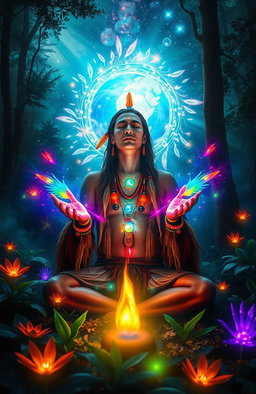 A mystical scene depicting a shaman performing a ritual in a serene forest, surrounded by vibrant, glowing plants and ethereal light