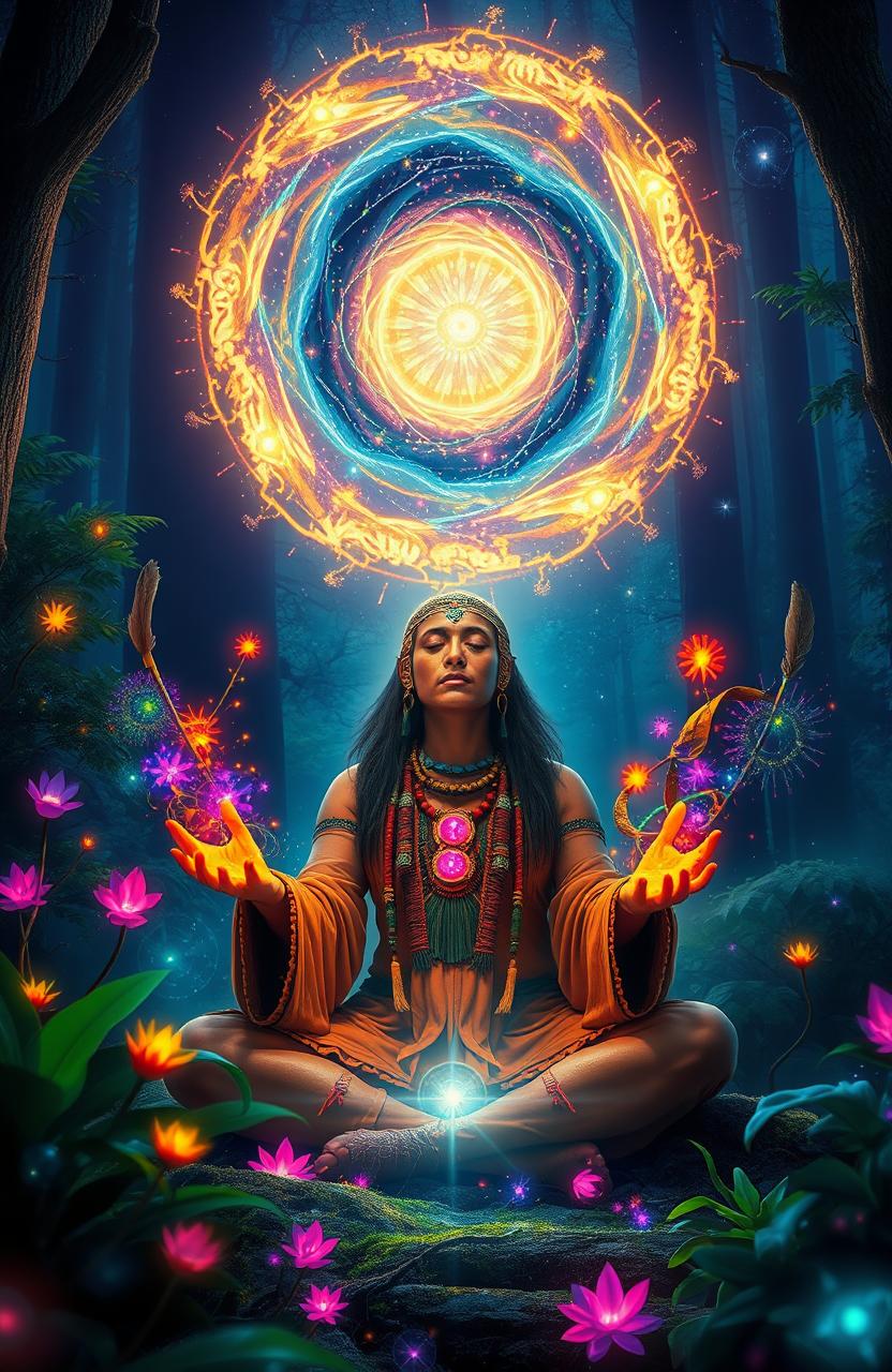 A mystical scene depicting a shaman performing a ritual in a serene forest, surrounded by vibrant, glowing plants and ethereal light