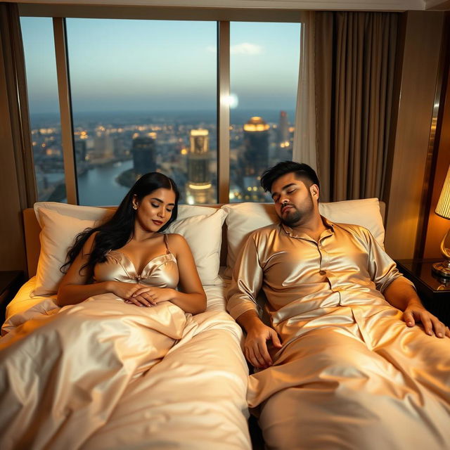A mature couple, a 40-year-old man and a woman, both with large busts and black hair, peacefully sleeping in a hotel room