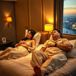 A mature couple, a 40-year-old man and a woman, both with large busts and black hair, peacefully sleeping in a hotel room