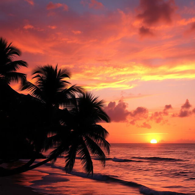 A beautiful sunset over the ocean, with vibrant oranges, pinks, and purples in the sky reflecting on the calm water