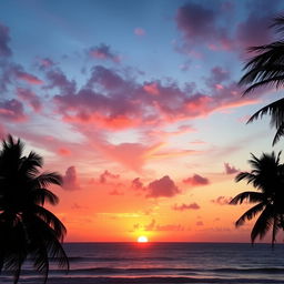 A beautiful sunset over the ocean, with vibrant oranges, pinks, and purples in the sky reflecting on the calm water