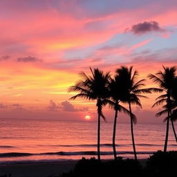 A beautiful sunset over the ocean, with vibrant oranges, pinks, and purples in the sky reflecting on the calm water
