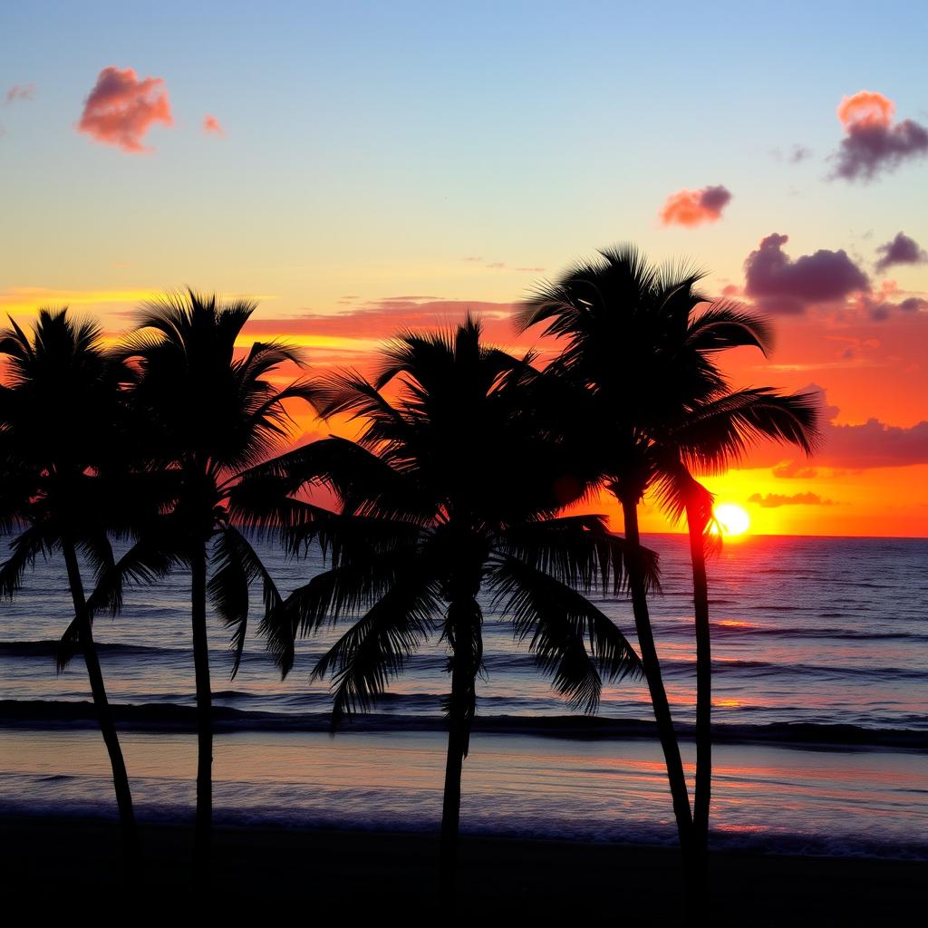 A beautiful sunset over the ocean, with vibrant oranges, pinks, and purples in the sky reflecting on the calm water