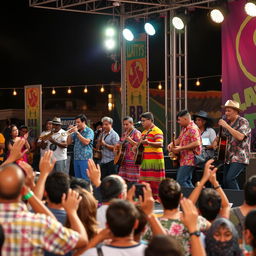 A vibrant Latin band performing on stage at a lively outdoor festival