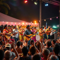 A vibrant Latin band performing on stage at a lively outdoor festival
