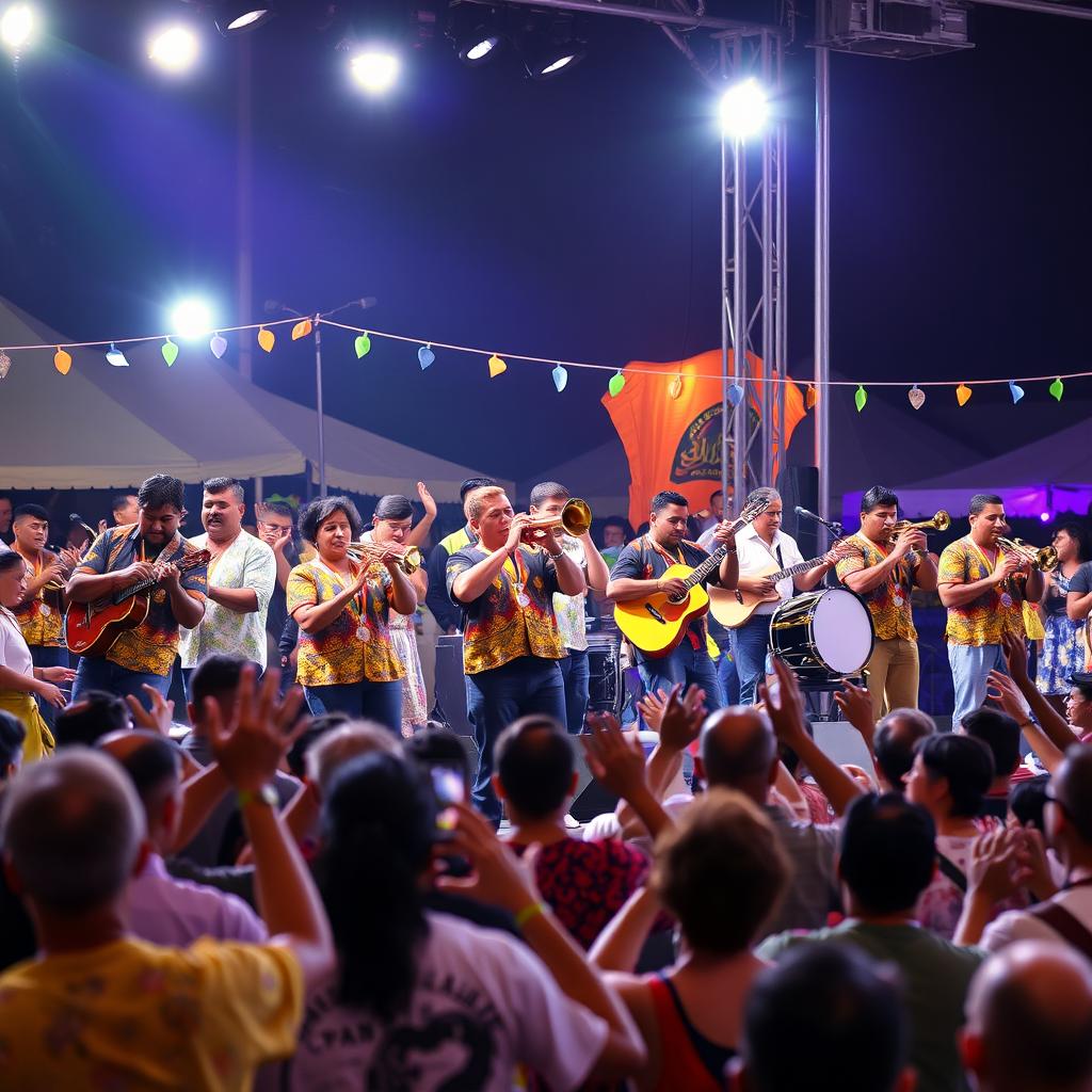 A vibrant Latin band performing on stage at a lively outdoor festival