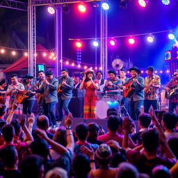 A vibrant Latin band performing on stage at a lively outdoor festival