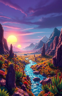 A stunning scene set on a faraway planet, showcasing a vibrant alien landscape filled with unusual plant life and colorful rock formations