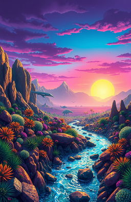 A stunning scene set on a faraway planet, showcasing a vibrant alien landscape filled with unusual plant life and colorful rock formations