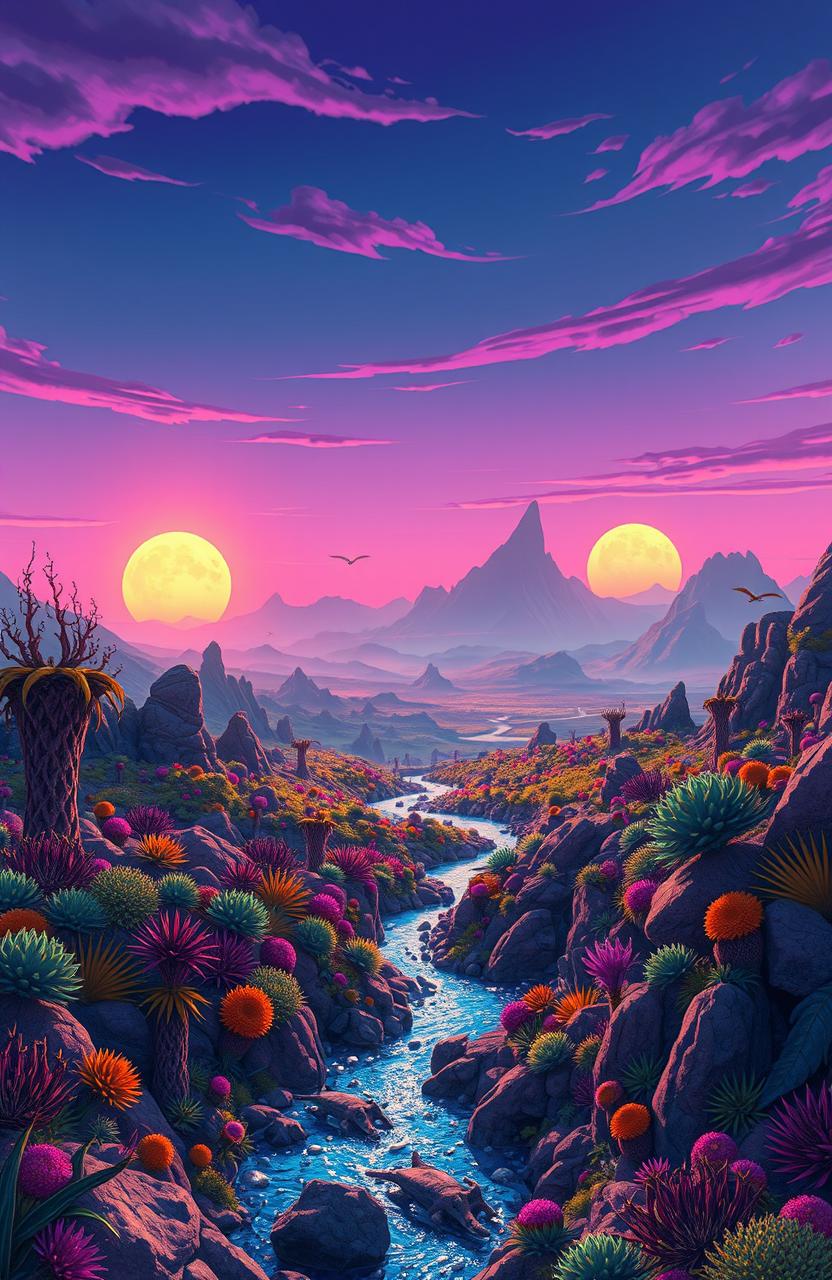 A stunning scene set on a faraway planet, showcasing a vibrant alien landscape filled with unusual plant life and colorful rock formations