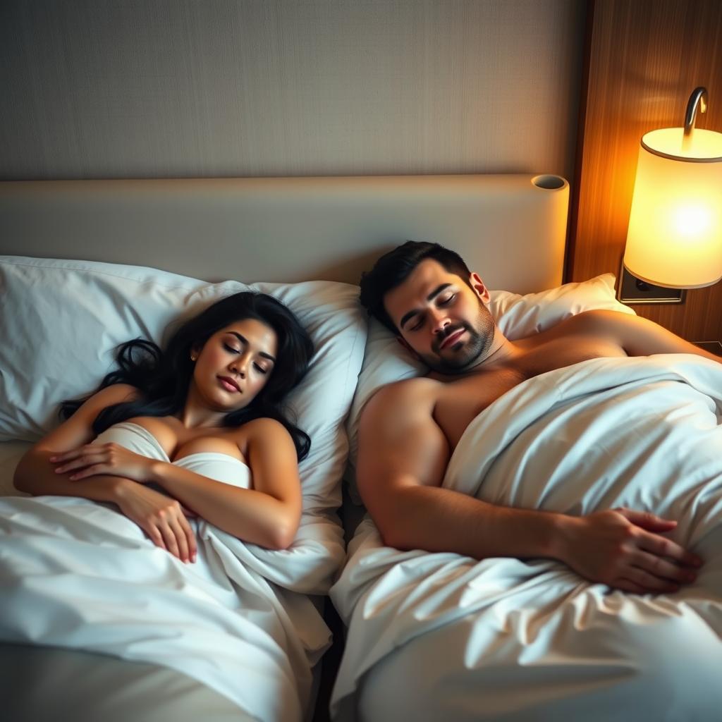 A 40-year-old man and a 40-year-old woman, both with large breasts and black hair, peacefully sleeping in a hotel room with two single beds