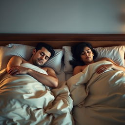 A 40-year-old man and a 40-year-old woman, both with large breasts and black hair, peacefully sleeping in a hotel room with two single beds