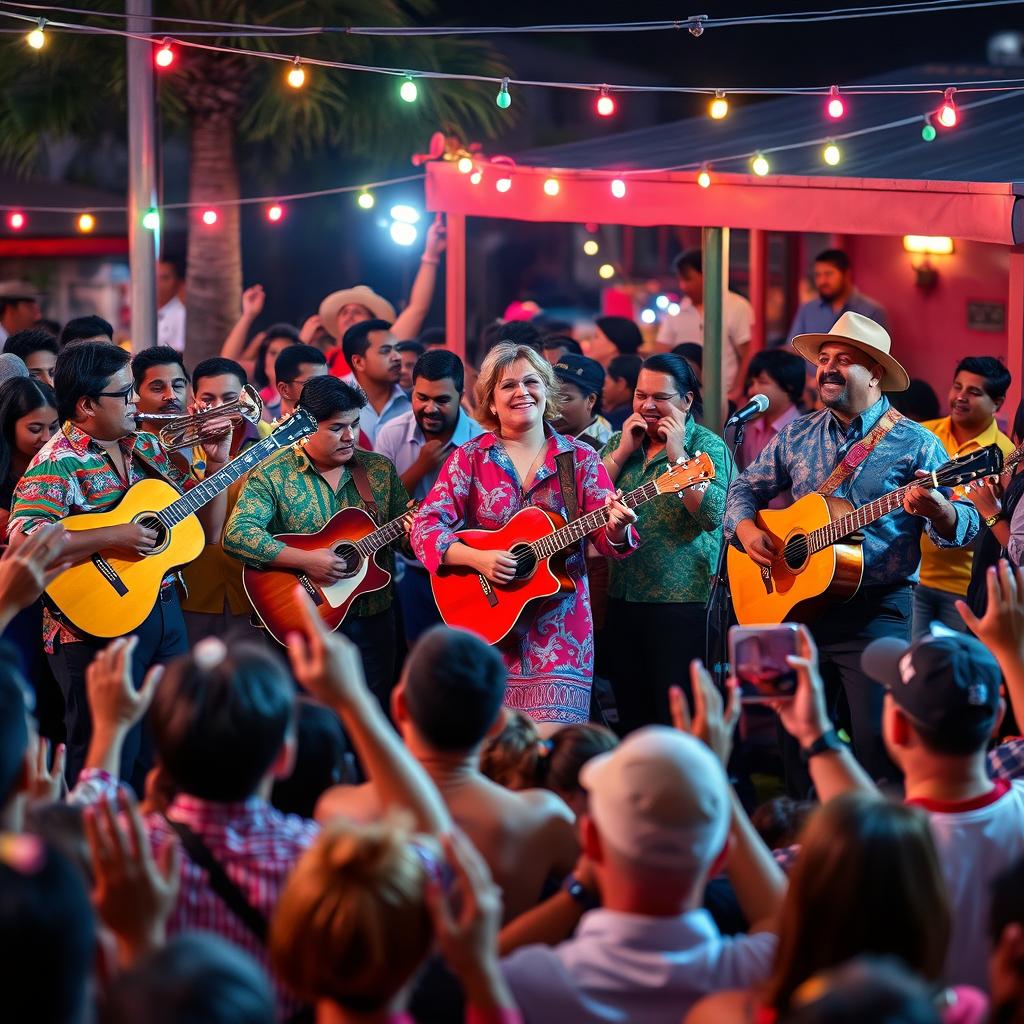 A lively Latin band enthusiastically performing at a festive outdoor venue