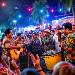 A lively Latin band enthusiastically performing at a festive outdoor venue