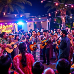A lively Latin band enthusiastically performing at a festive outdoor venue