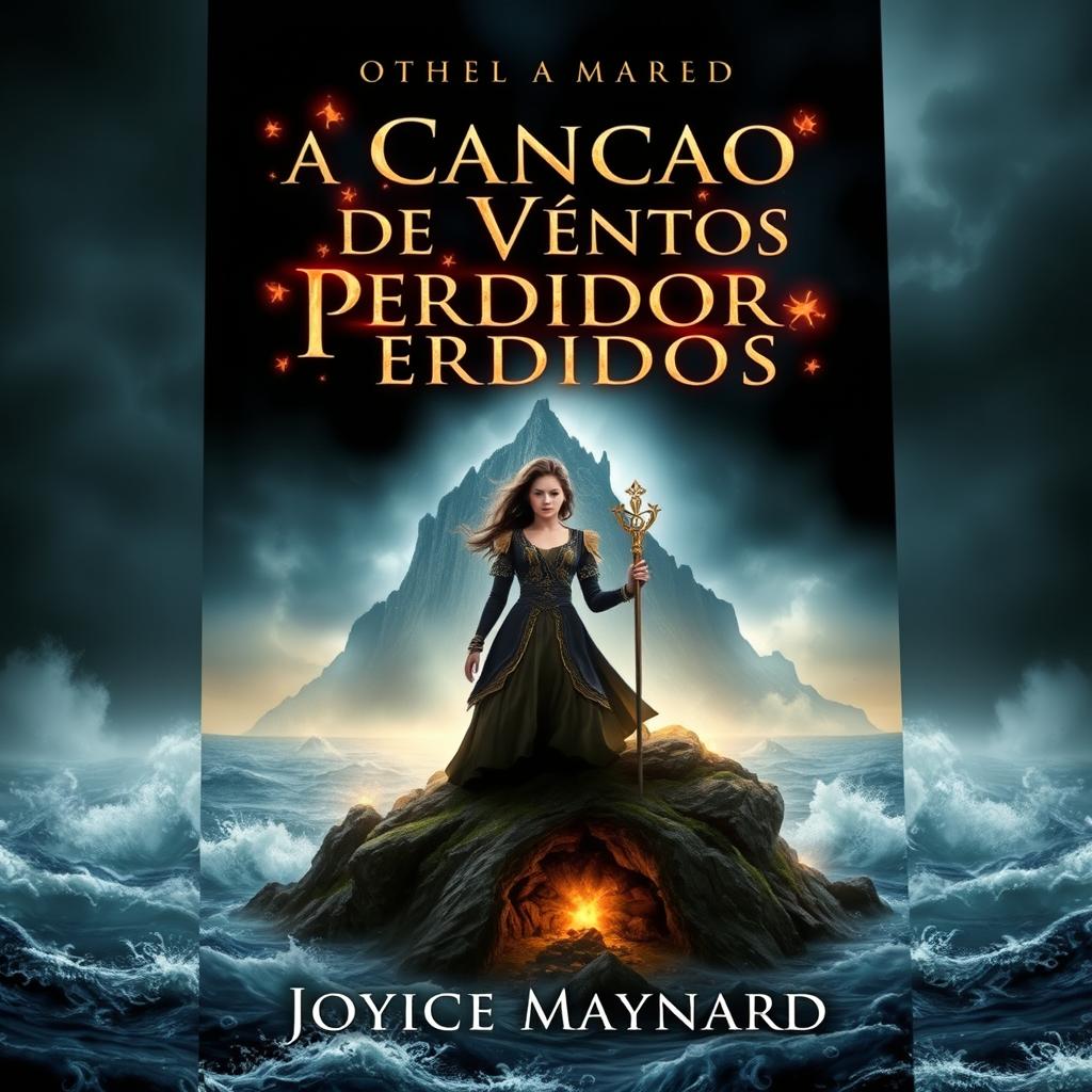 A captivating book cover featuring a dark and misty island in the background, surrounded by a turbulent ocean with crashing waves