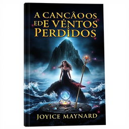 A captivating book cover featuring a dark and misty island in the background, surrounded by a turbulent ocean with crashing waves