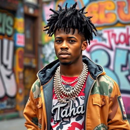 A dynamic rapper with a stylish Afro-weave hairstyle and vibrant streetwear, confidently showcasing a full-bead necklace that has the name 'Taha' prominently displayed