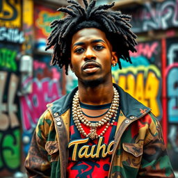 A dynamic rapper with a stylish Afro-weave hairstyle and vibrant streetwear, confidently showcasing a full-bead necklace that has the name 'Taha' prominently displayed
