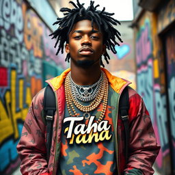 A dynamic rapper with a stylish Afro-weave hairstyle and vibrant streetwear, confidently showcasing a full-bead necklace that has the name 'Taha' prominently displayed