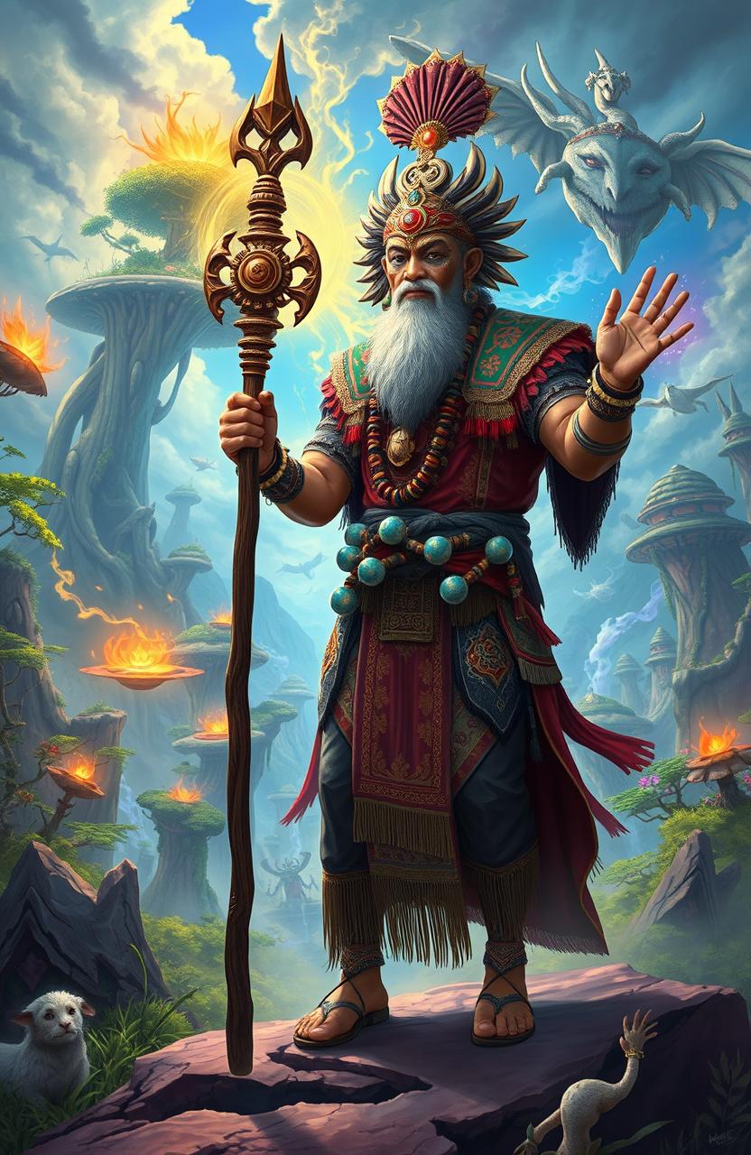 A dynamic scene depicting a traditional Indonesian shaman (dukun) entering a vibrant fantasy world (isekai)
