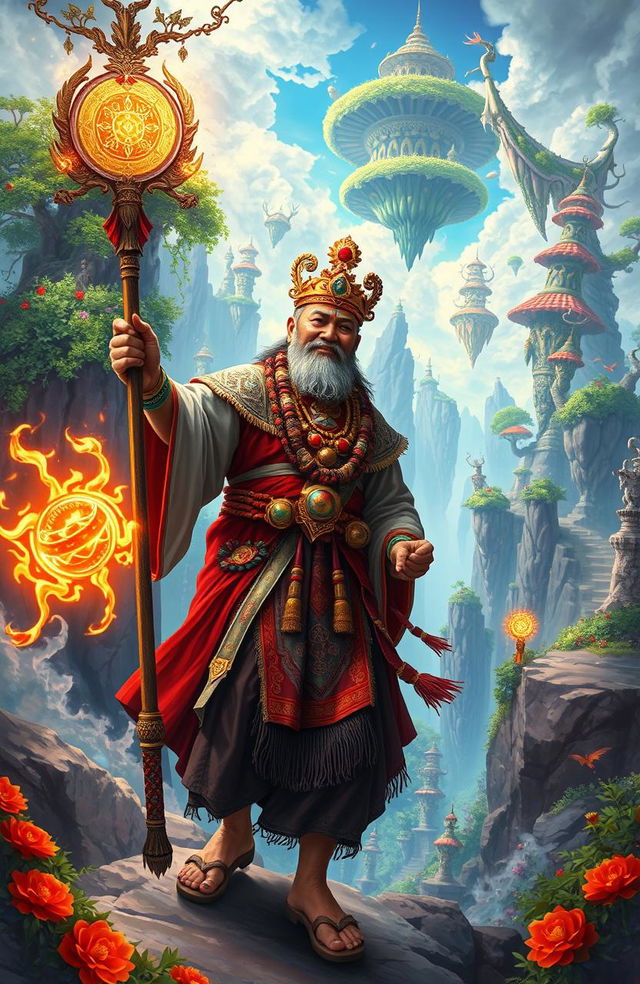 A dynamic scene depicting a traditional Indonesian shaman (dukun) entering a vibrant fantasy world (isekai)