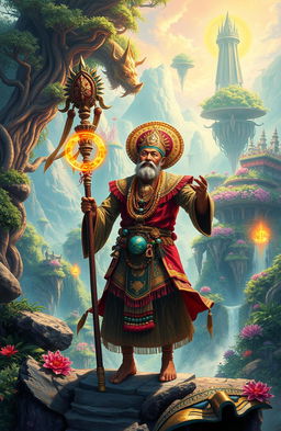 A dynamic scene depicting a traditional Indonesian shaman (dukun) entering a vibrant fantasy world (isekai)