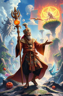 A dynamic scene depicting a traditional Indonesian shaman (dukun) entering a vibrant fantasy world (isekai)
