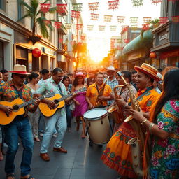 An energetic Latin street band performing in a bustling urban environment