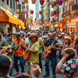 An energetic Latin street band performing in a bustling urban environment