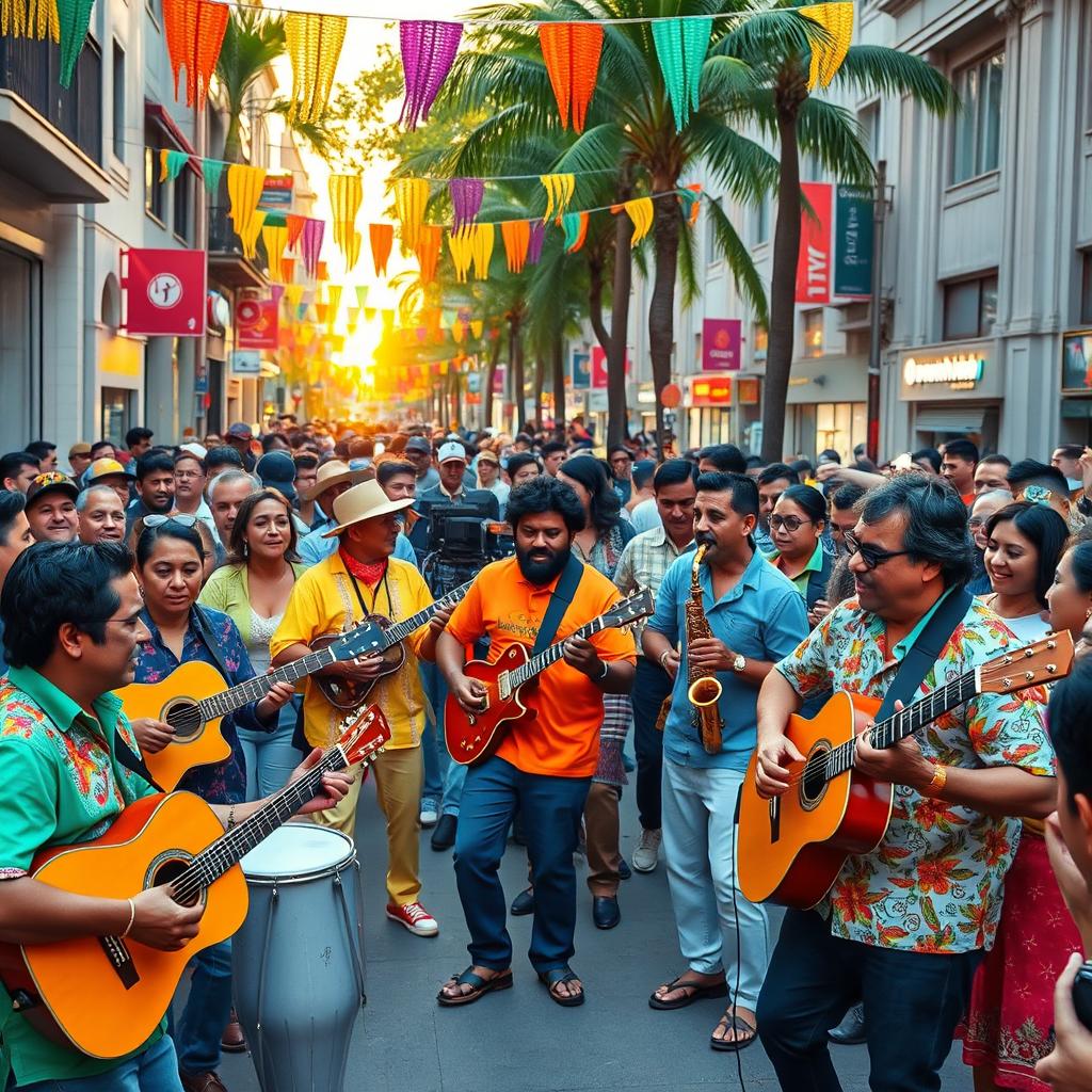 An energetic Latin street band performing in a bustling urban environment